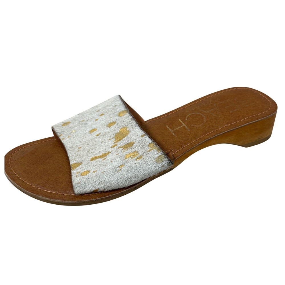 Beach Matisse Havana Western Cowhide Gold Splatter Slide Sandals 8M Brown Wood‎